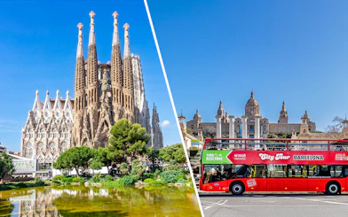 Sagrada Familia and Barcelona hop-on hop-off bus in front of historic buildings.