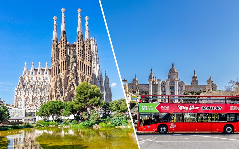 Sagrada Familia and Barcelona hop-on hop-off bus in front of historic buildings.