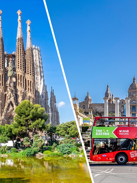 Sagrada Familia and Barcelona hop-on hop-off bus in front of historic buildings.