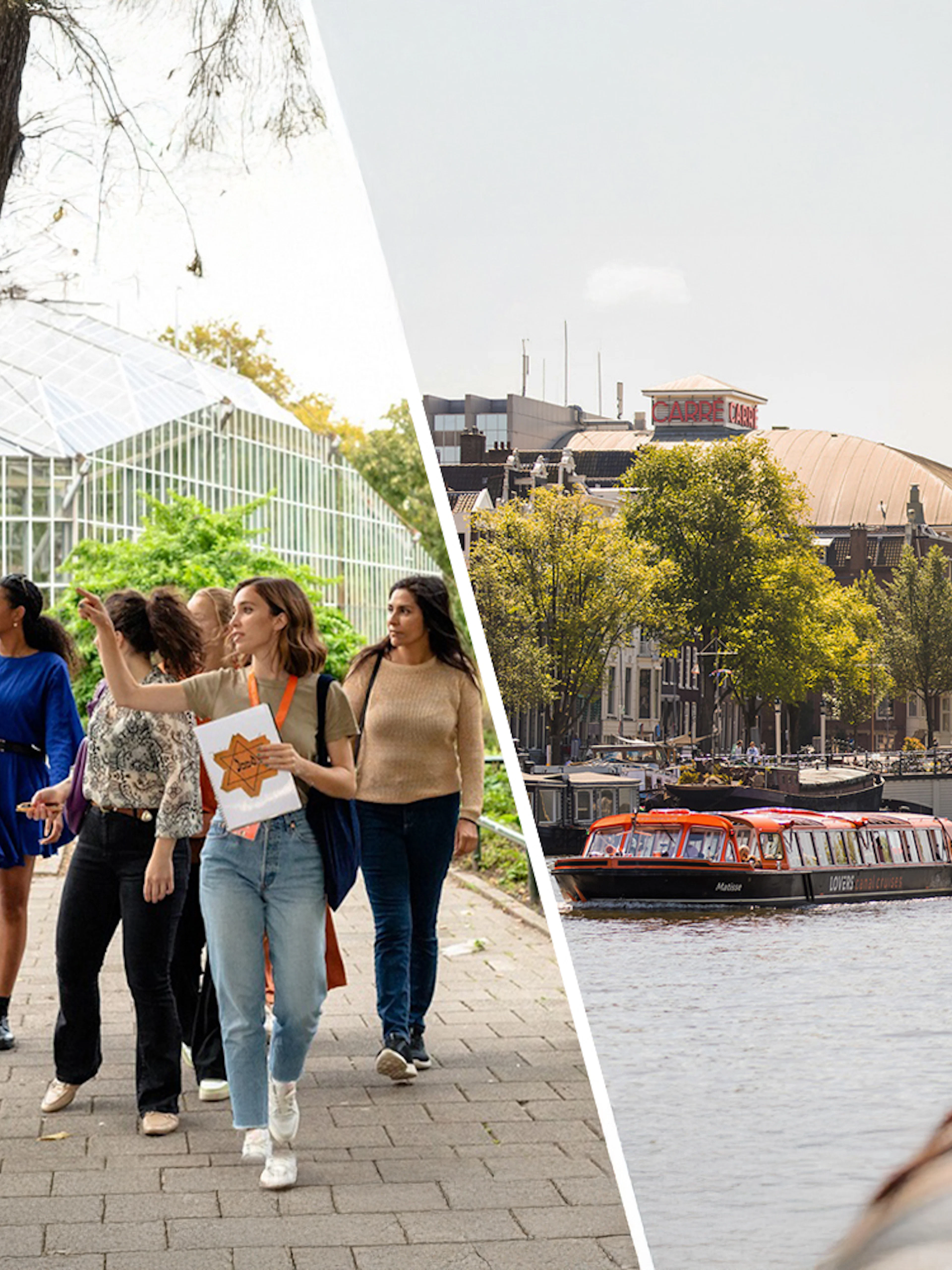 Anne Frank walking tour group in Amsterdam park; canal cruise boat on Amstel River.
