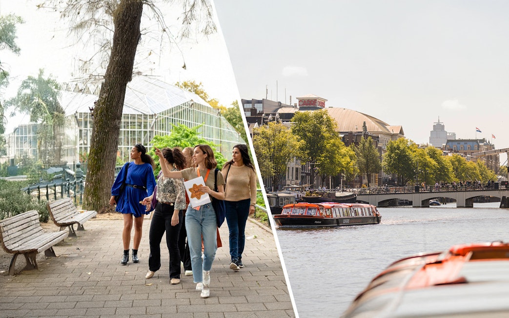 Anne Frank walking tour group in Amsterdam park; canal cruise boat on Amstel River.