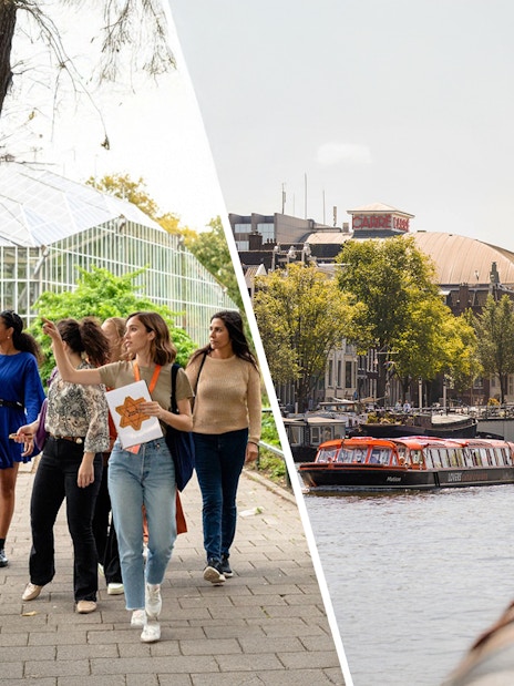 Anne Frank walking tour group in Amsterdam park; canal cruise boat on Amstel River.