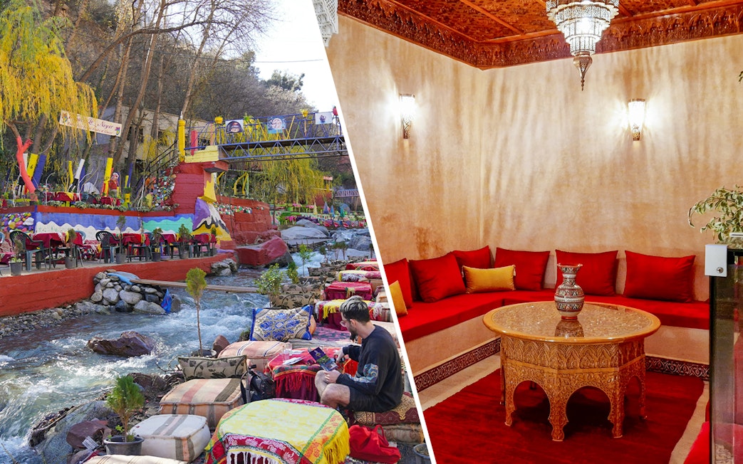 Tourist dining by a river in Ourika Valley, Morocco with colorful seating and decor.