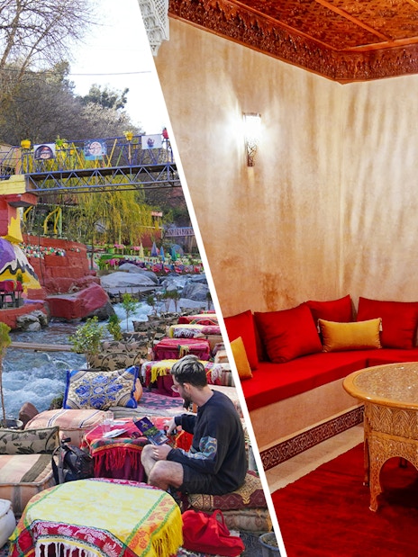Tourist dining by a river in Ourika Valley, Morocco with colorful seating and decor.