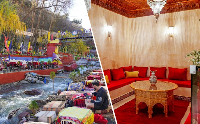 Tourist dining by a river in Ourika Valley, Morocco with colorful seating and decor.