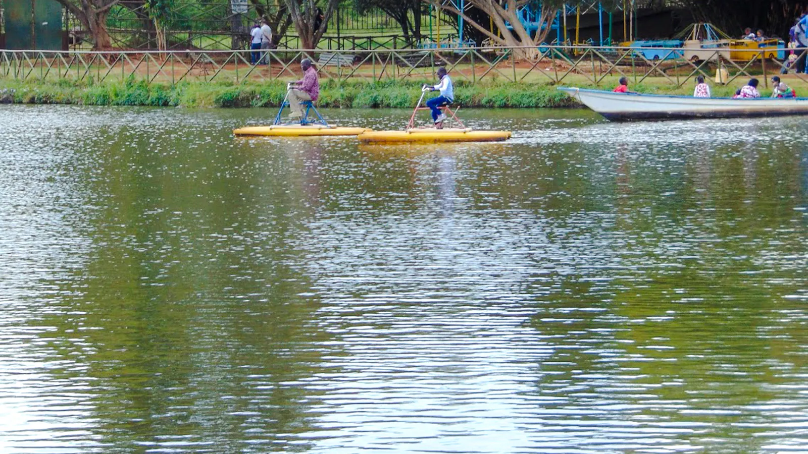 Pedal boats on a pond at Mamba Village Crocodile Farm, Nairobi.