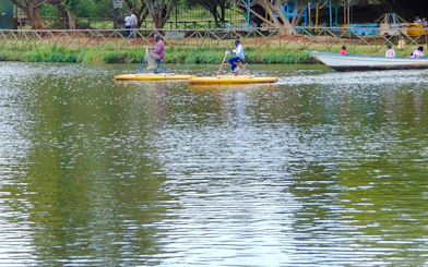 Pedal boats on a pond at Mamba Village Crocodile Farm, Nairobi.