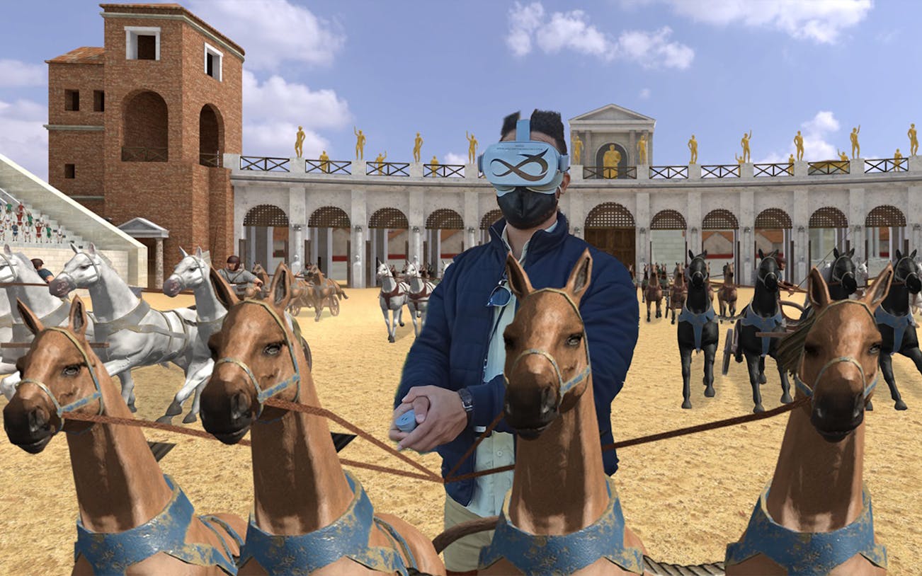 Virtual reality chariot race experience at Circus Maximus, Rome.