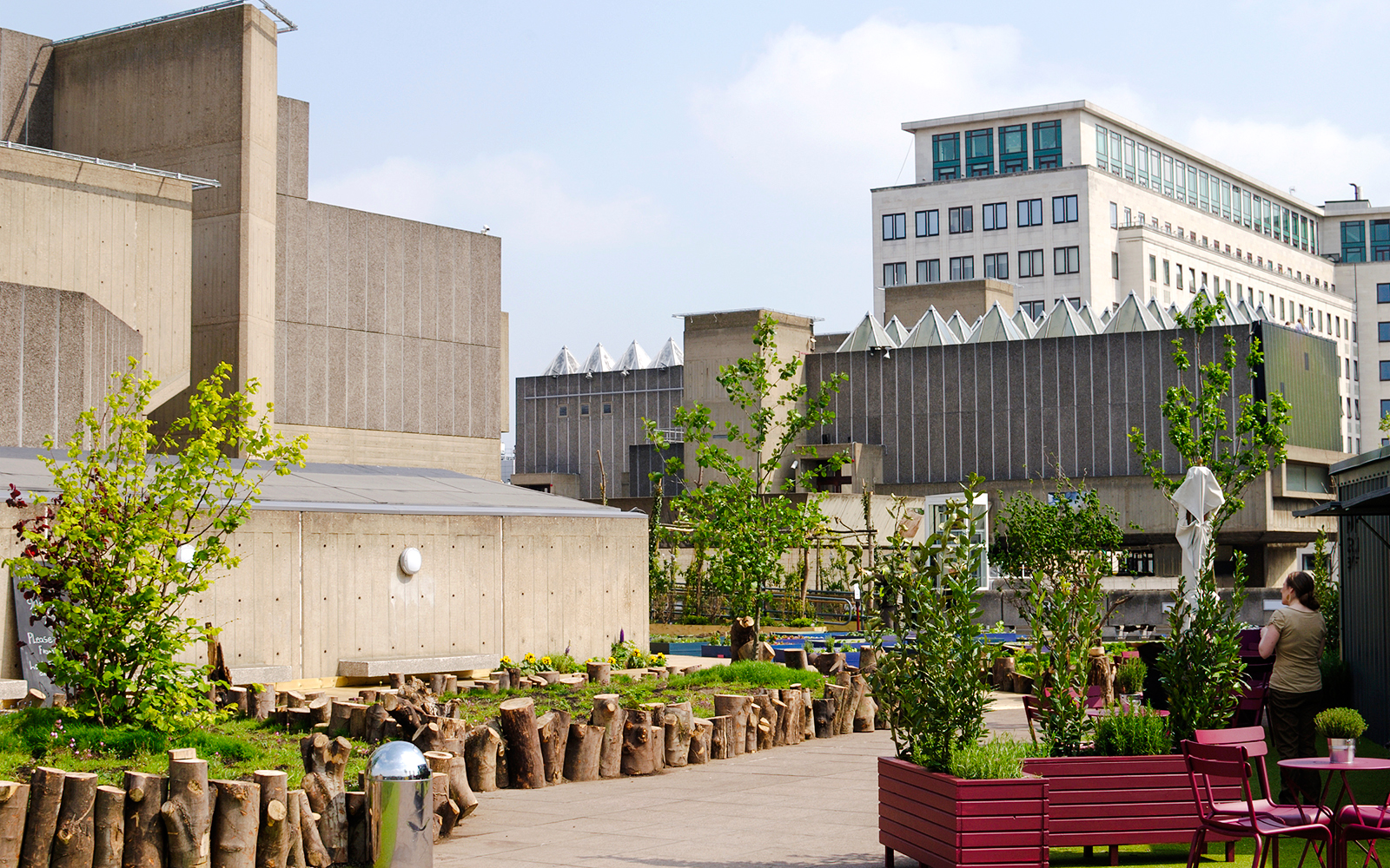 Rooftop garden with plants and seating at South Bank Centre, London.