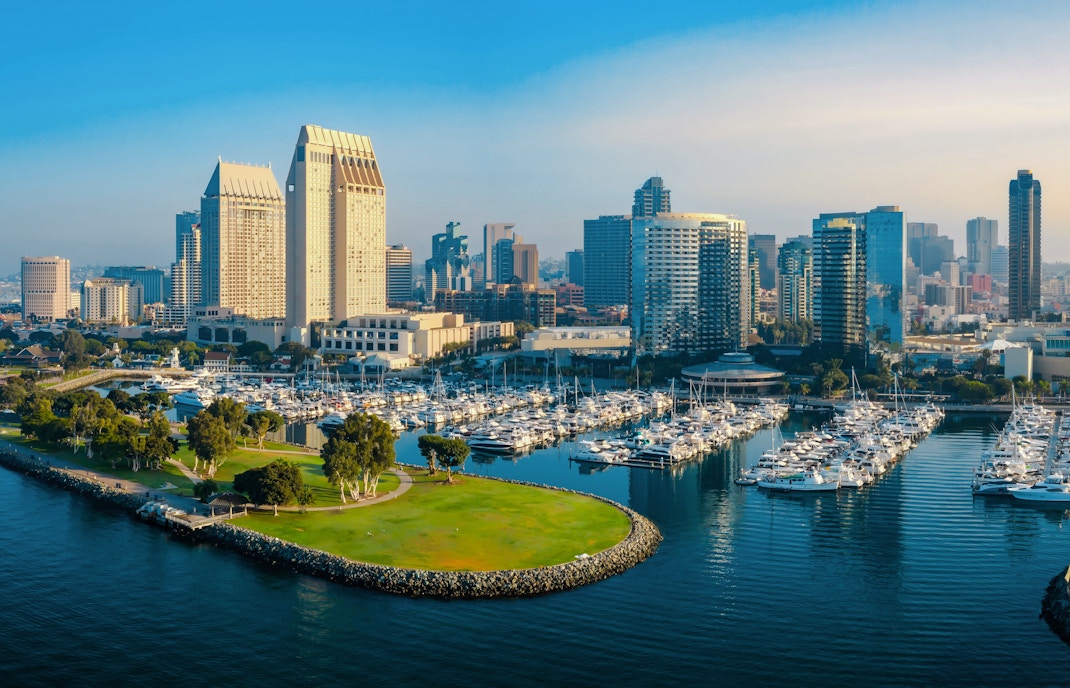 Aerial view of San Diego skyline, marina, and Embarcadero Marina Park.