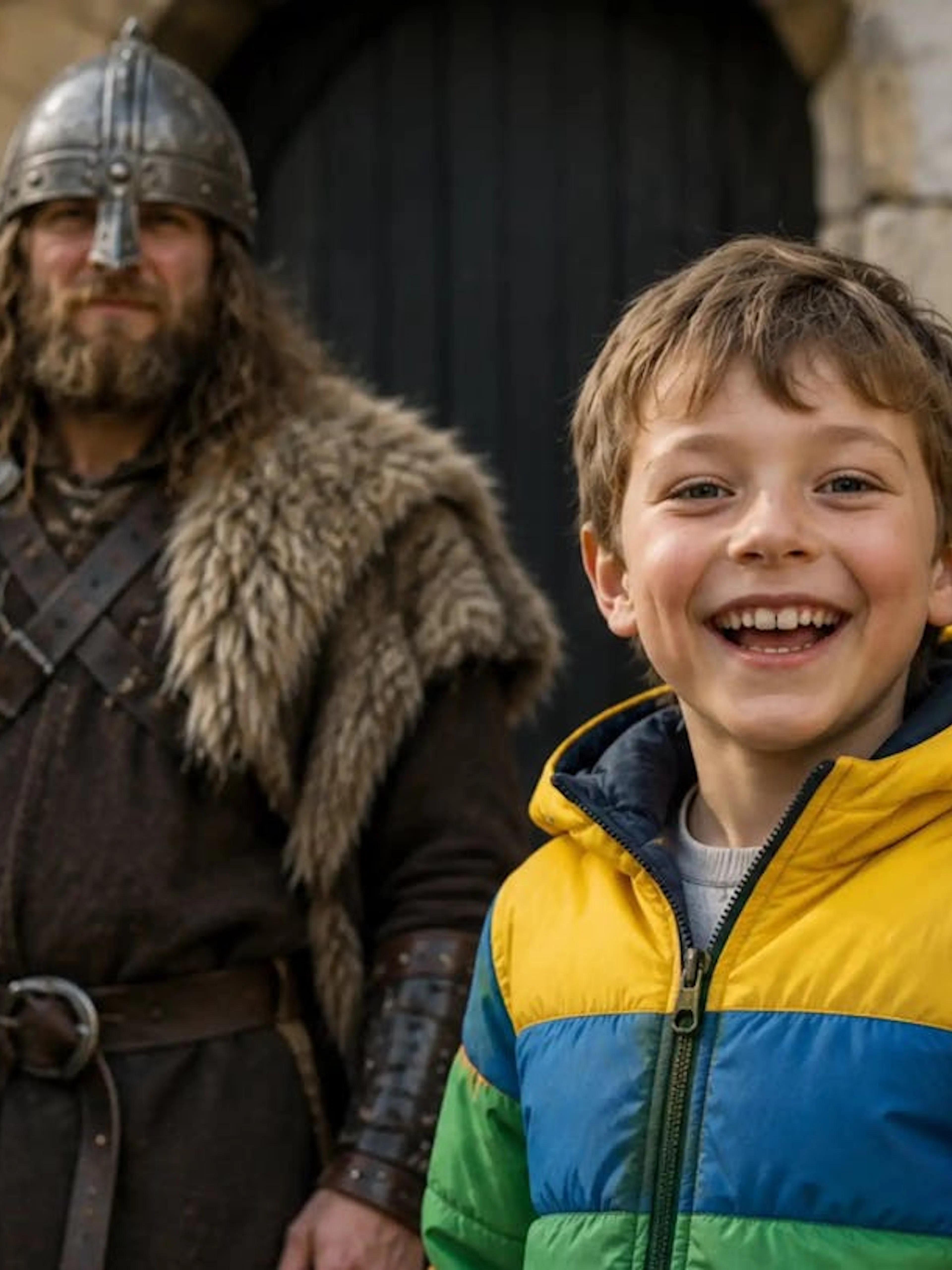 Child smiling with Viking reenactor during York historical walking tour.