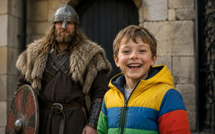 Child smiling with Viking reenactor during York historical walking tour.