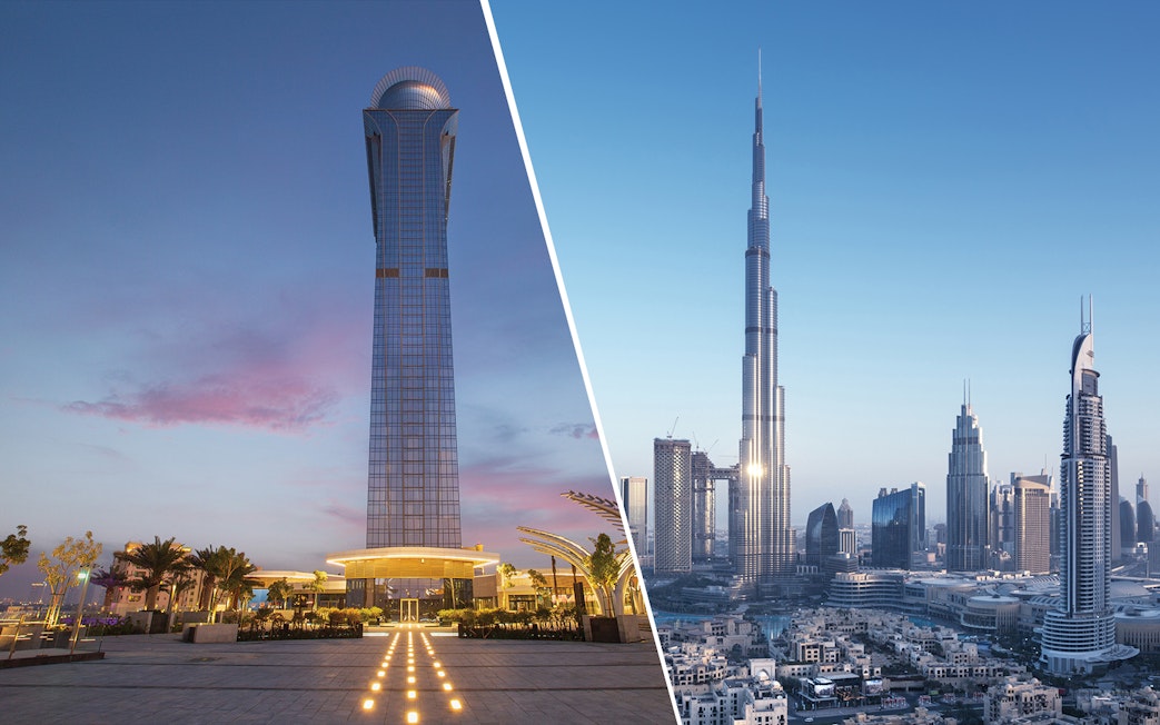 Burj Khalifa and The Palm Tower at sunset, Dubai skyline view.