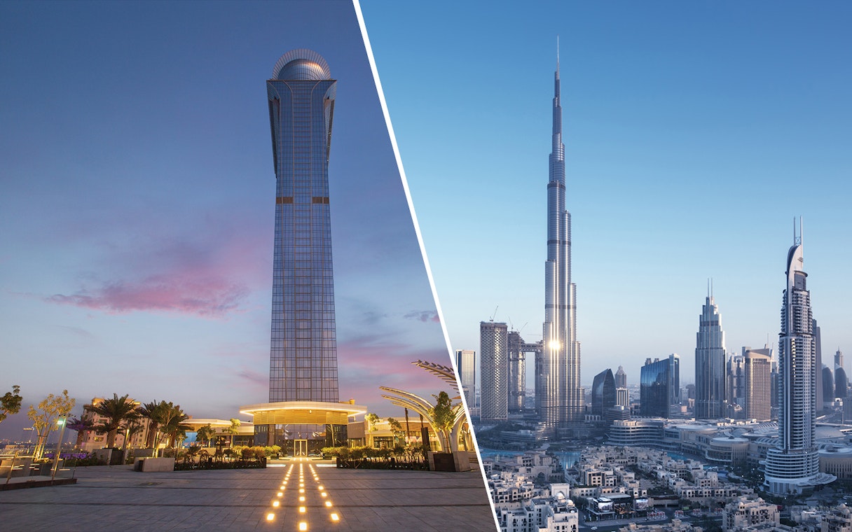 Burj Khalifa and The Palm Tower at sunset, Dubai skyline view.