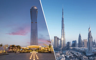 Burj Khalifa and The Palm Tower at sunset, Dubai skyline view.