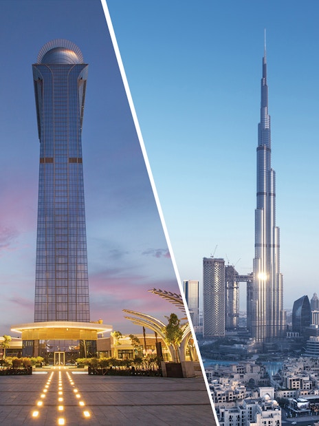 Burj Khalifa and The Palm Tower at sunset, Dubai skyline view.