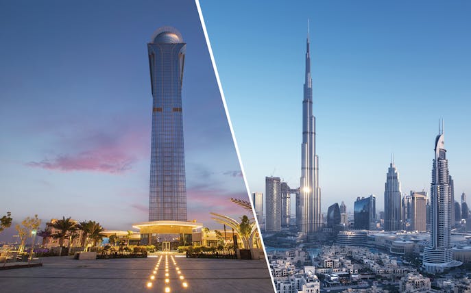 Burj Khalifa and The Palm Tower at sunset, Dubai skyline view.