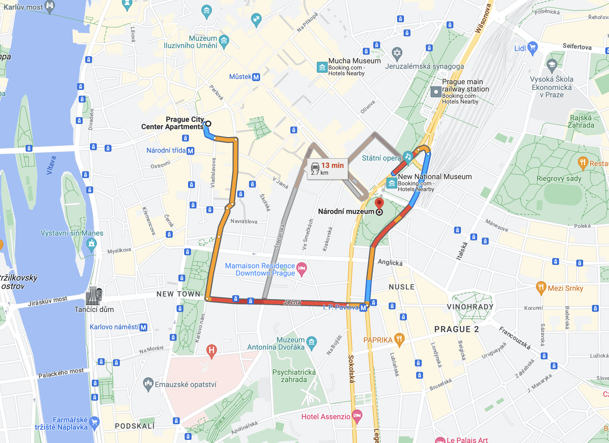 Driving Route Map: From City Center to Prague National Museum