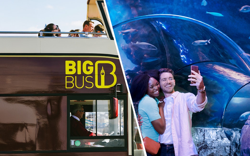 Big Bus London tour and couple taking selfie at Sea Life Aquarium.
