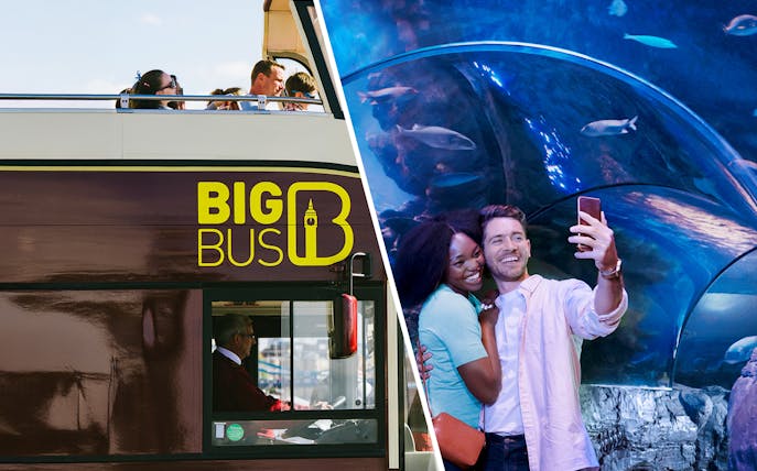 Big Bus London tour and couple taking selfie at Sea Life Aquarium.