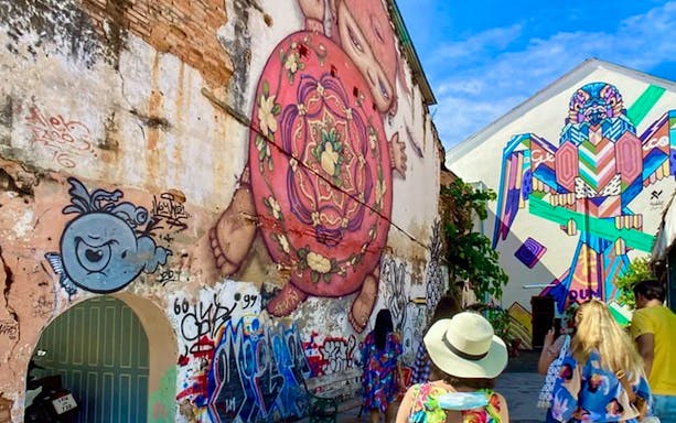 Street art murals in the old town alley, popular for selfies.
