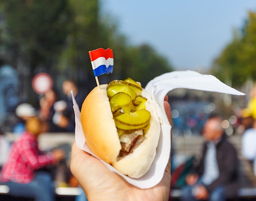 Dutch herring sandwich with pickles in Amsterdam's Jordaan District.