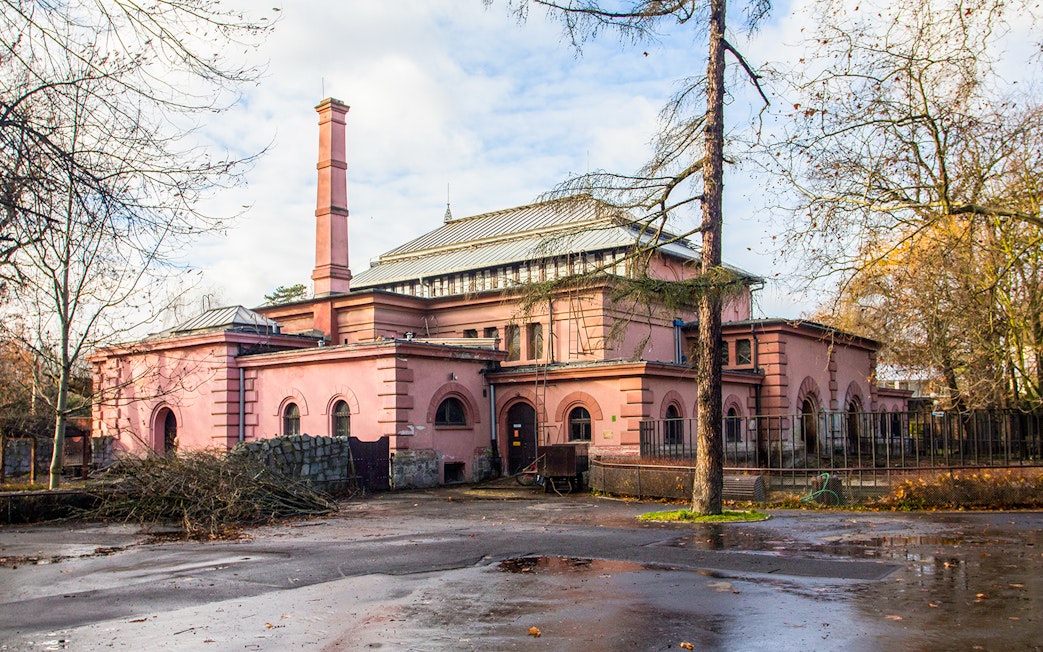 Historic building at Wroclaw Zoo, Poland, surrounded by trees and a wet pathway.