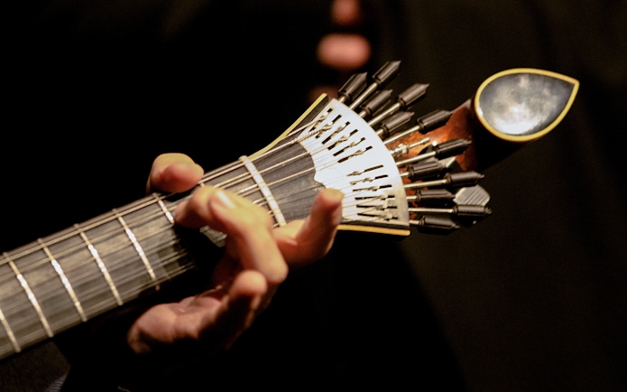 Fado guitarist playing traditional Portuguese guitar in Lisbon.