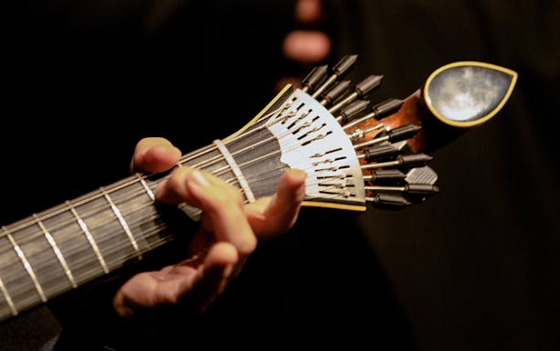 Fado guitarist playing traditional Portuguese guitar in Lisbon.