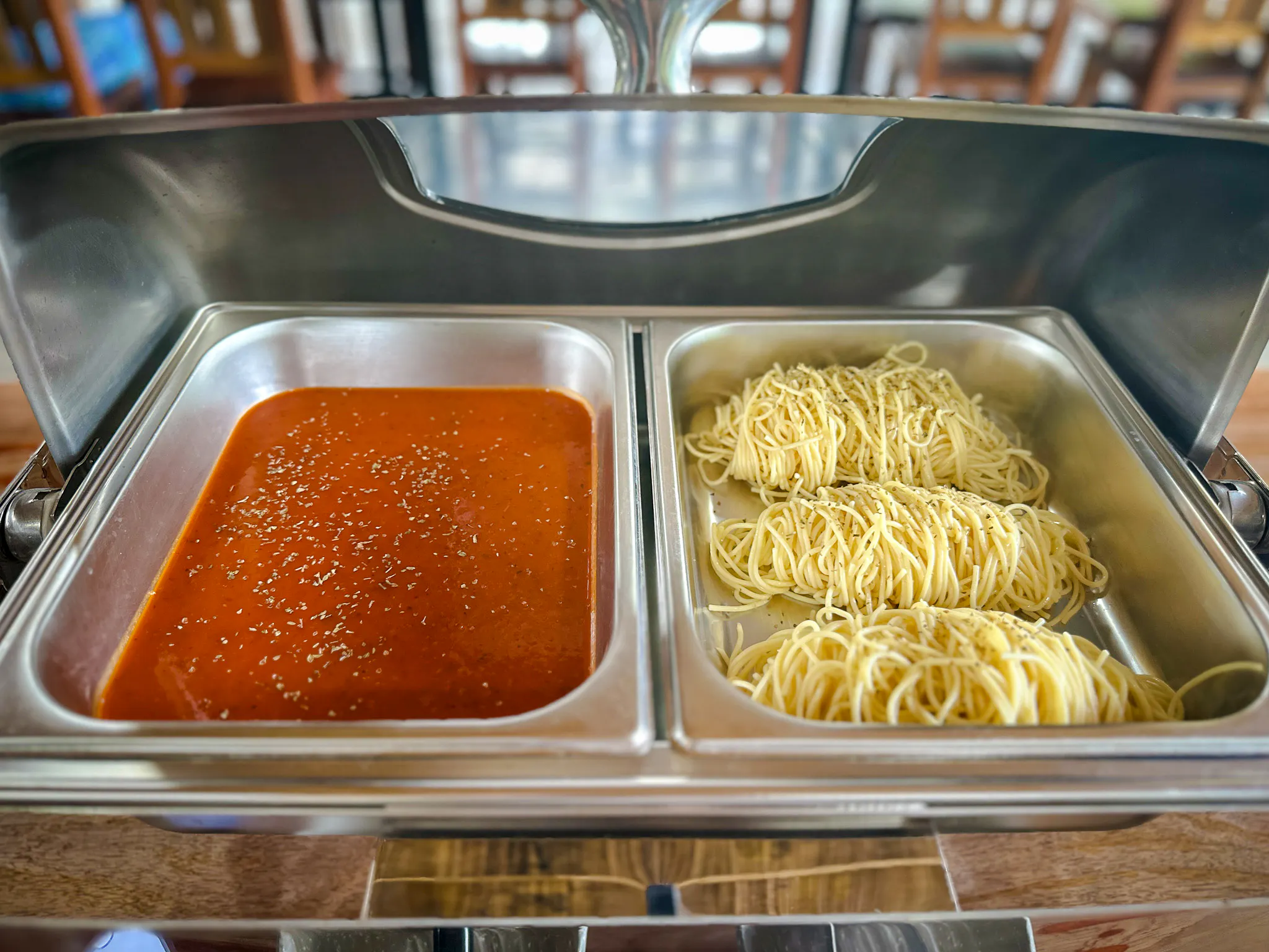 Spaghetti and tomato sauce served at Krabi Roaming Elephant Sanctuary meal.