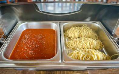 Spaghetti and tomato sauce served at Krabi Roaming Elephant Sanctuary meal.