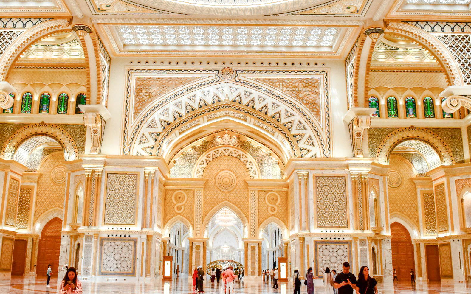 Interior of Qasr Al Watan in Abu Dhabi showcasing ornate arches and intricate designs.
