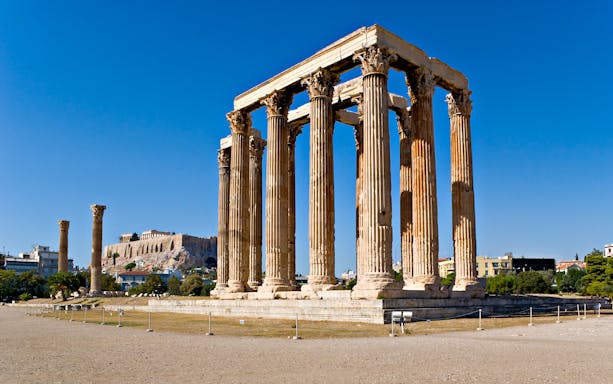 Temple of Olympian Zeus with Acropolis in the background, Athens.