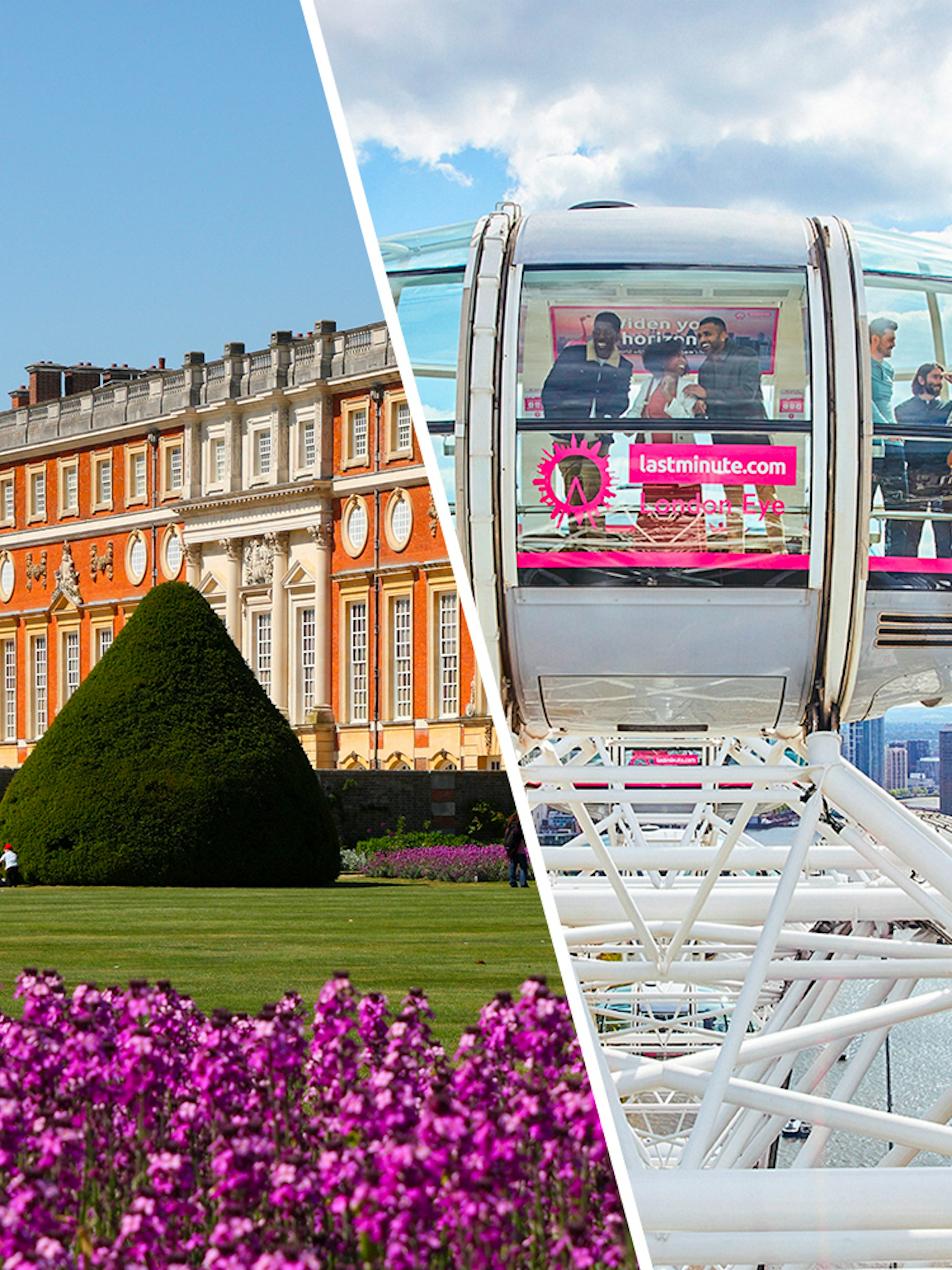 Hampton Court Palace gardens and London Eye capsule with city view.