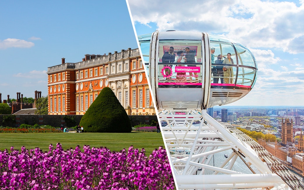 Hampton Court Palace gardens and London Eye capsule with city view.