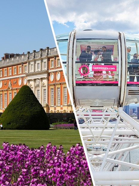 Hampton Court Palace gardens and London Eye capsule with city view.