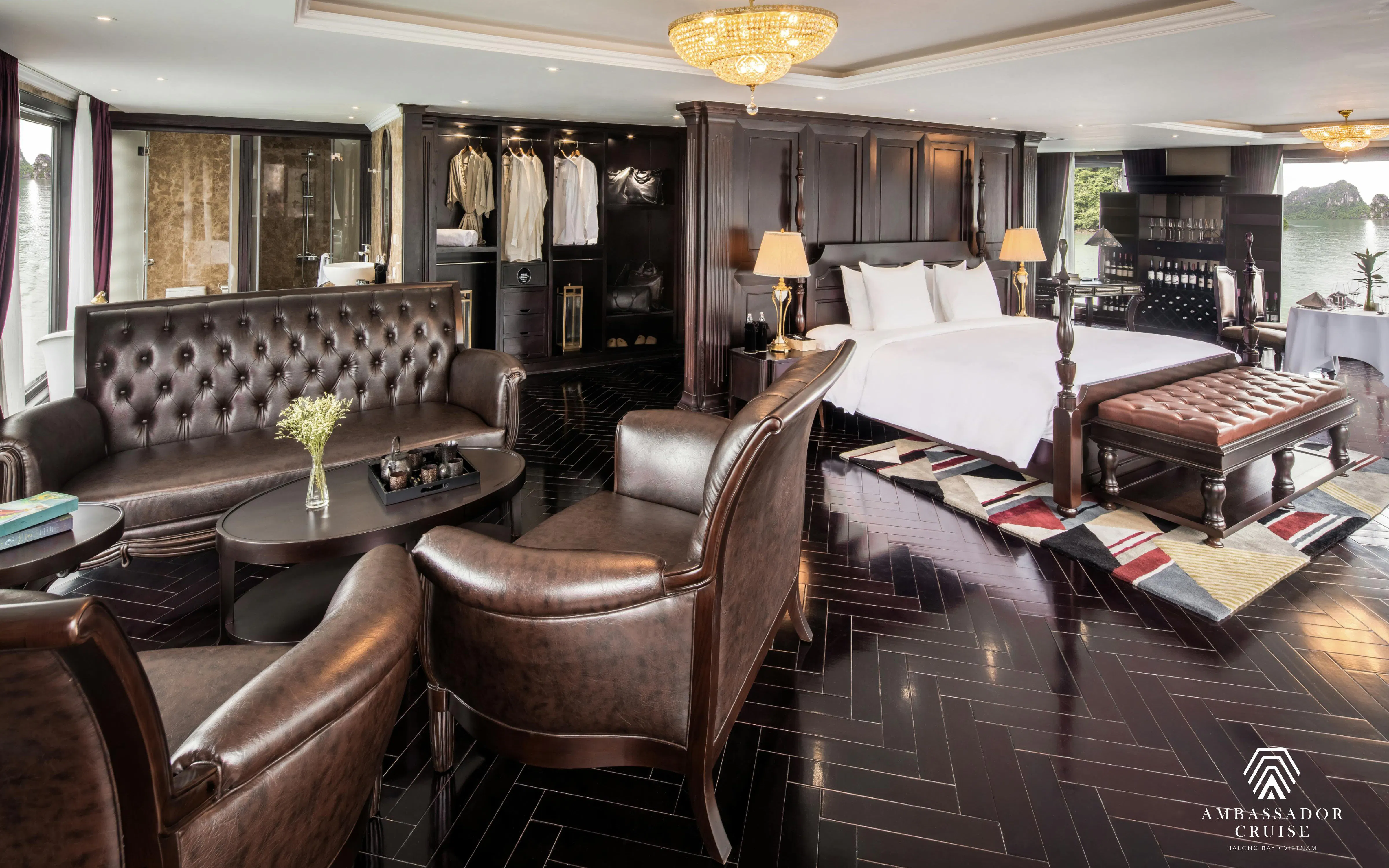 Luxurious suite interior on Ha Long Bay 5-Star Ambassador Cruise with elegant furnishings.