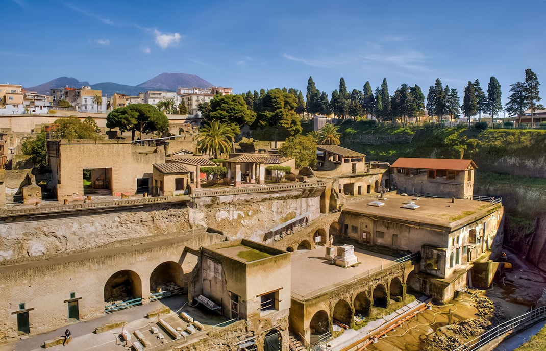 Ruins of Herculaneum with Mount Vesuvius in the background, Italy.