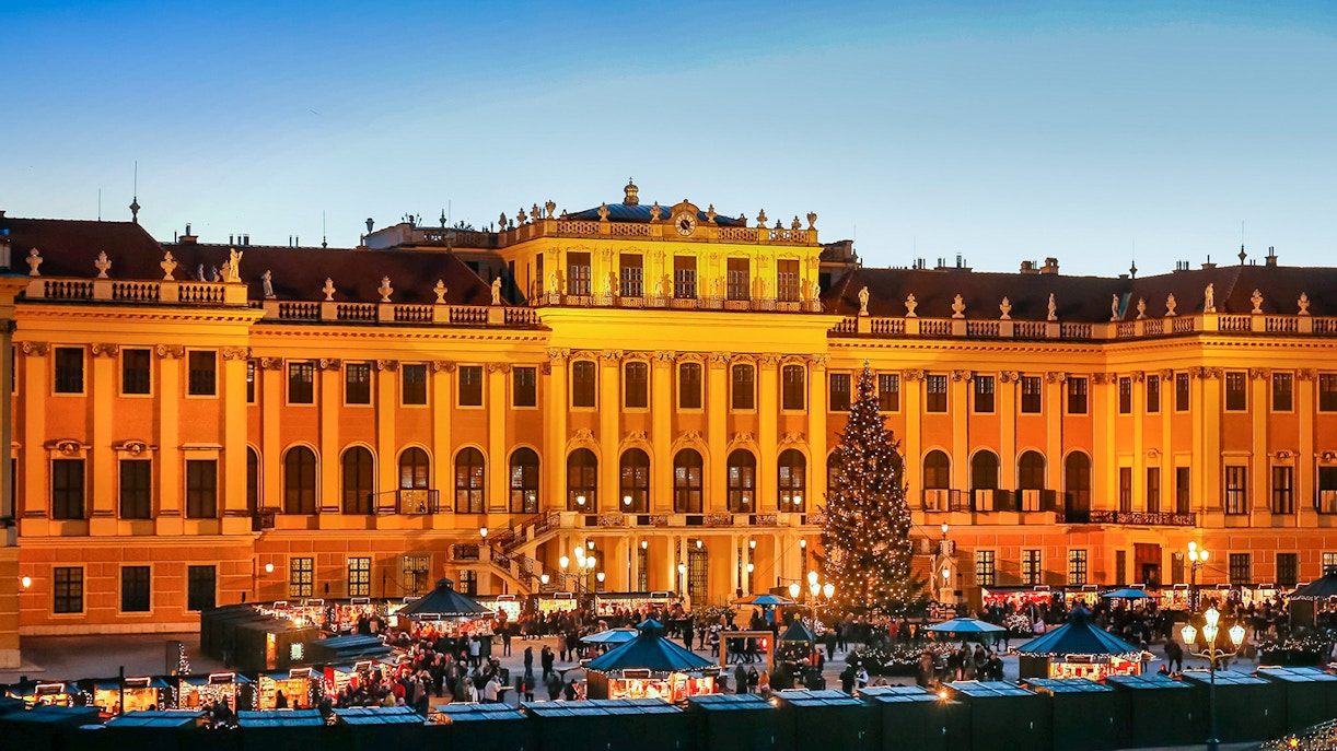 Schönbrunn Palace Christmas market with festive lights and decorated tree in Vienna.