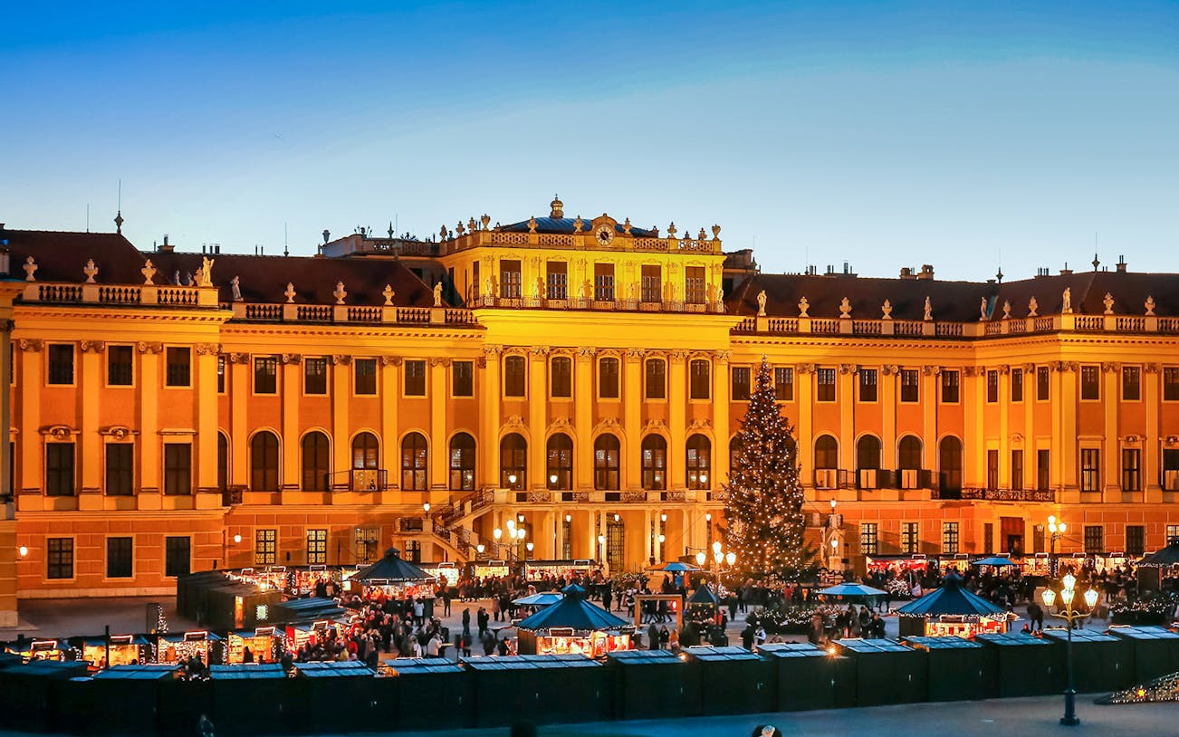 Schönbrunn Palace Christmas market with festive lights and decorated tree in Vienna.