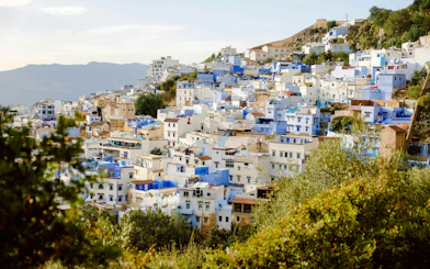 Chefchaouen hillside with blue and white buildings in Morocco.