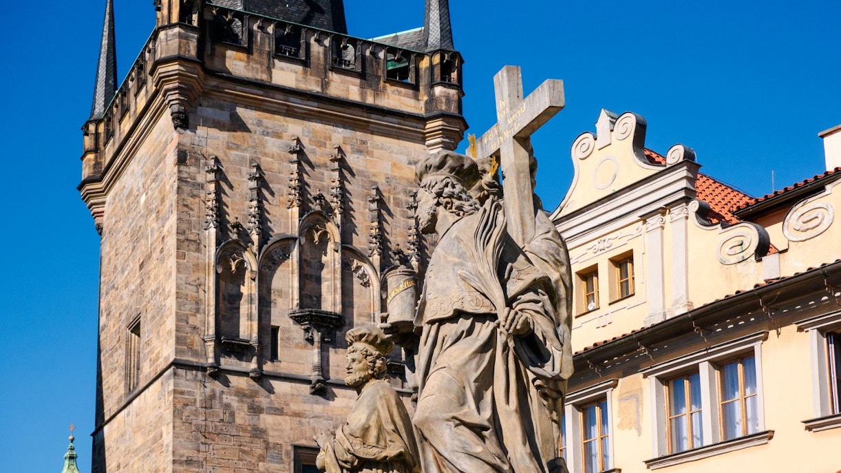 Statues in front of Lesser Town Bridge Tower, Prague.