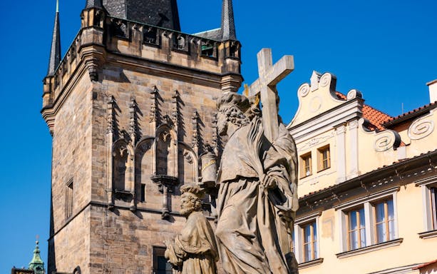 Statues in front of Lesser Town Bridge Tower, Prague.