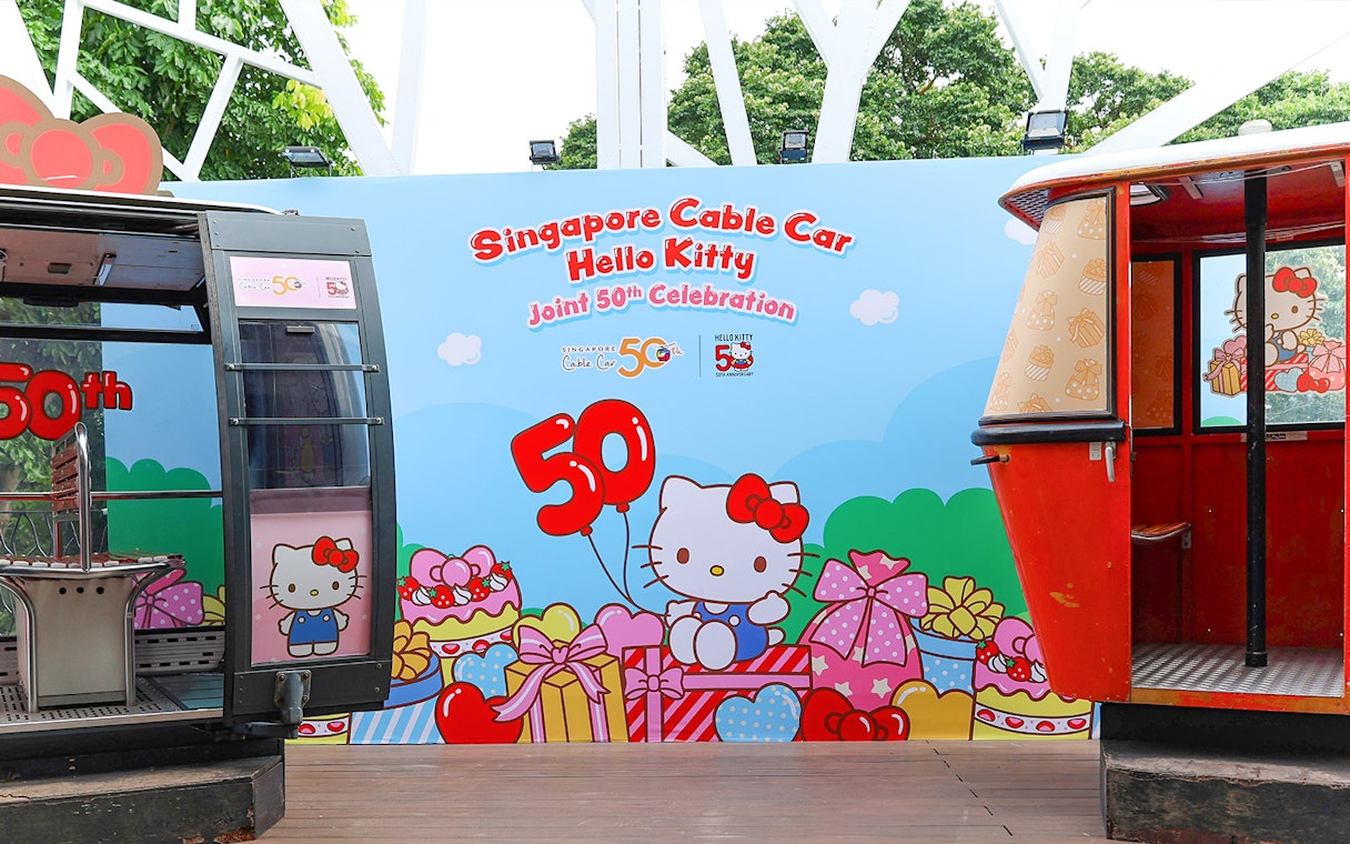 Singapore Cable Car Hello Kitty 50th celebration display with themed cable cars.