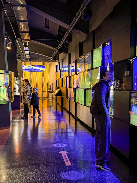 Visitors exploring exhibits inside La Bombonera stadium museum in Buenos Aires.