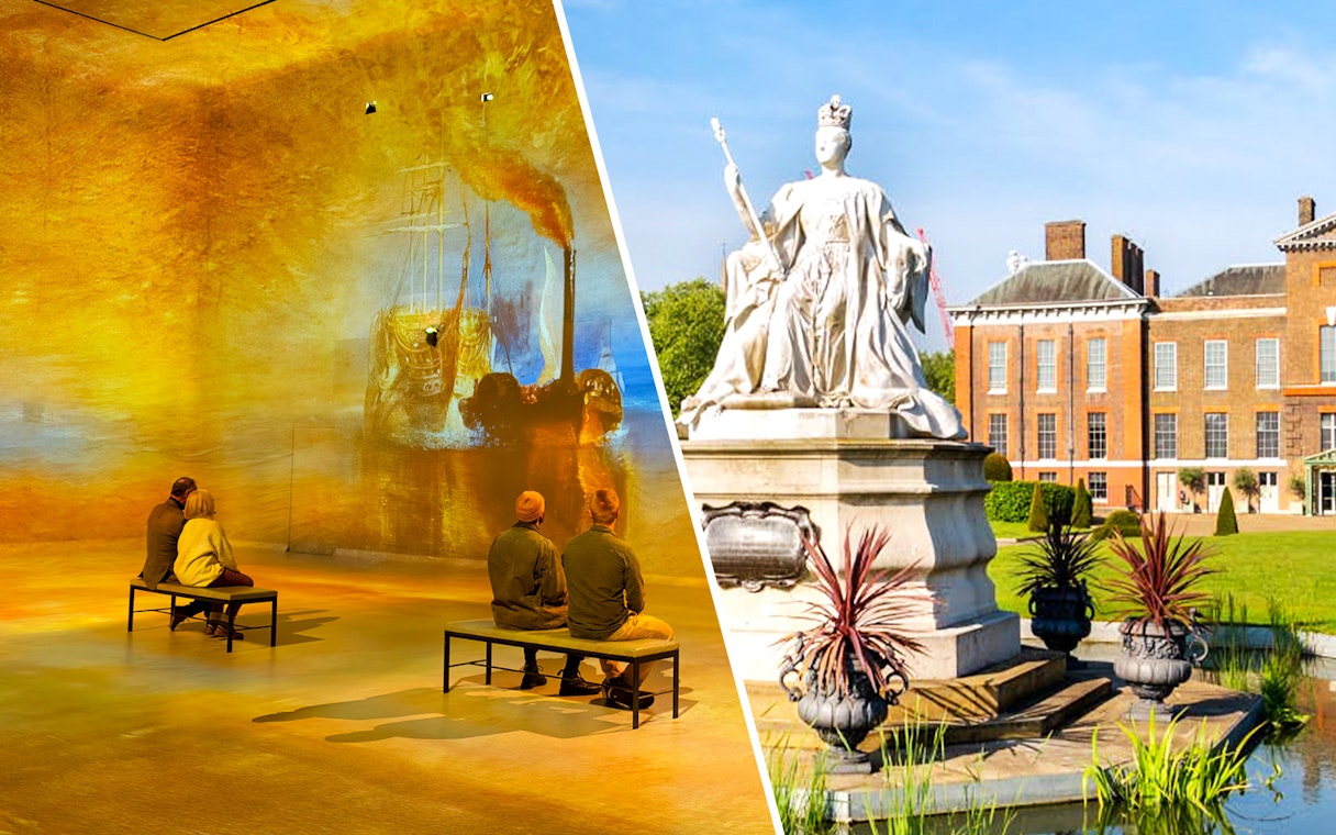 Kensington Palace exterior with Queen Victoria statue and Frameless London immersive art exhibit.
