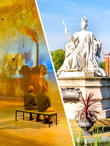 Kensington Palace exterior with Queen Victoria statue and Frameless London immersive art exhibit.