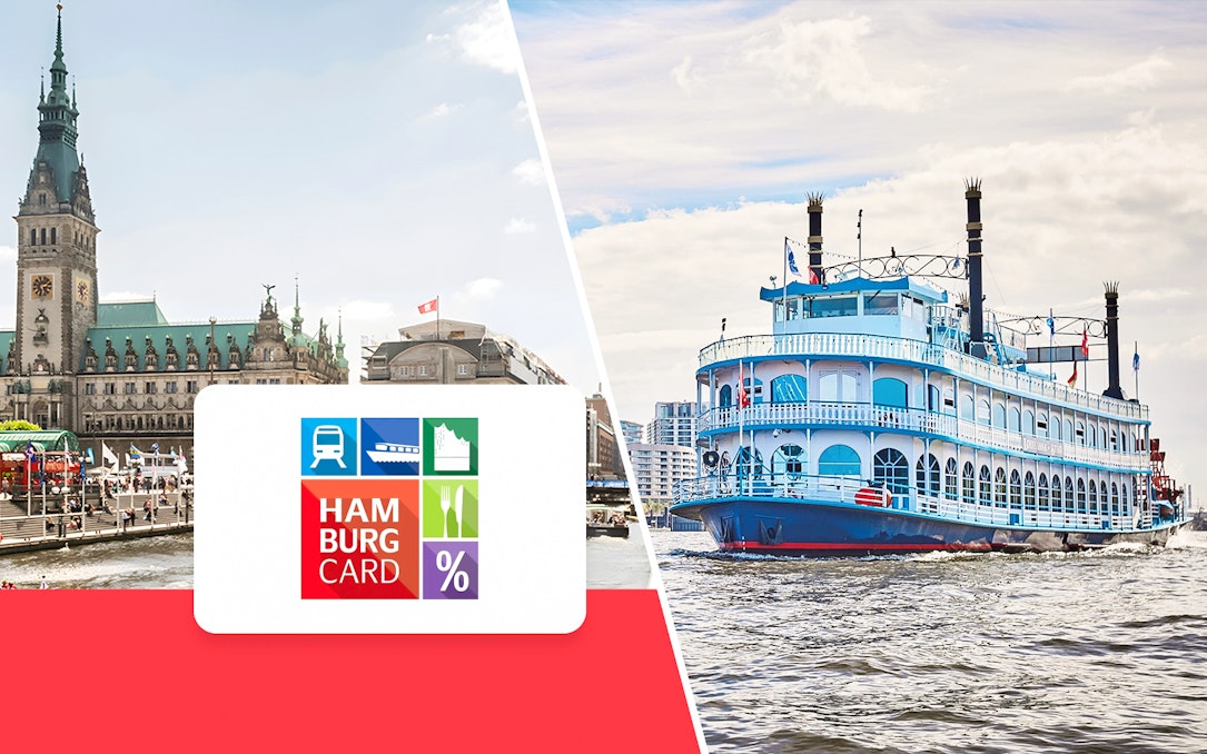 Hamburg City Hall and harbor cruise ship with Hamburg CARD logo.