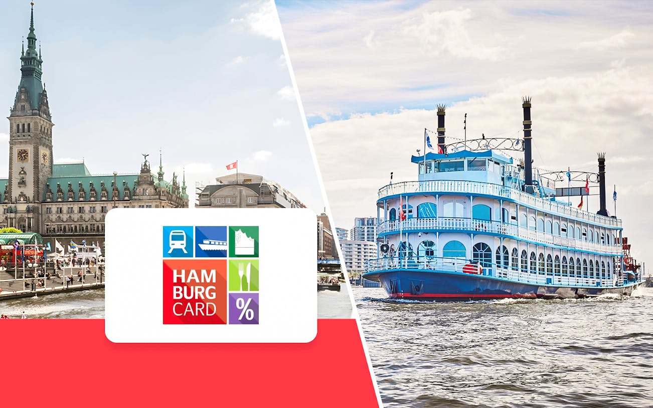 Hamburg City Hall and harbor cruise ship with Hamburg CARD logo.