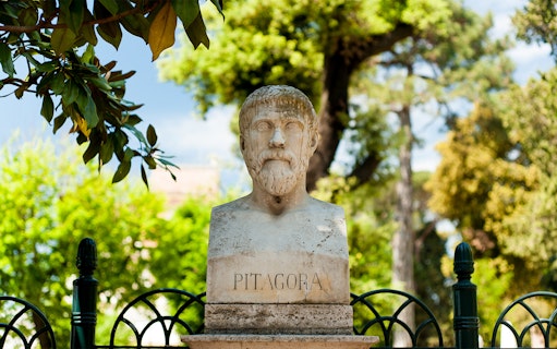 Bust of Pythagoras in Villa Borghese gardens, Rome, seen on a golf cart tour.